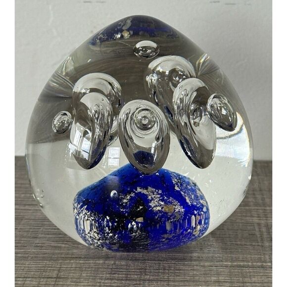Art Glass Blue Clear Paper Weight Hand Blown Tear Drop Controlled Bubbles 3”x3” - Picture 1 of 7